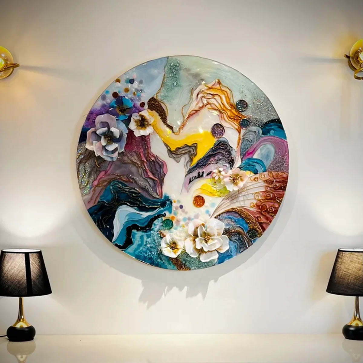 Handmade Round Abstract Floral Wall Art – Multicolour – detail view