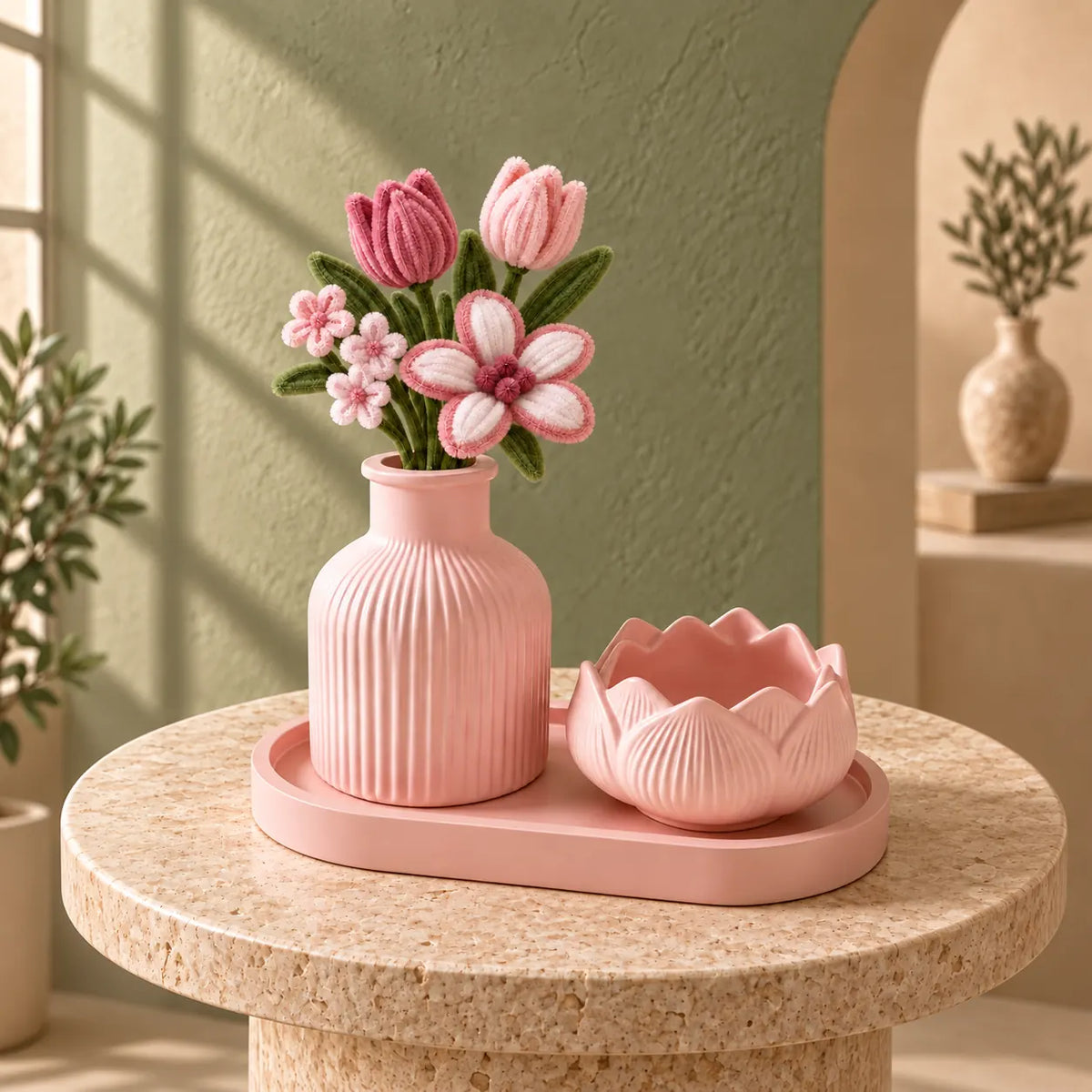 Handmade Concrete Vase and Lotus Bowl Set with Flowers – Pink