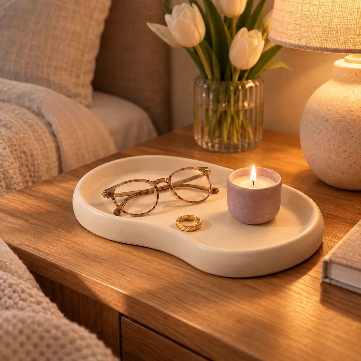 Handmade Ivory Concrete Trinket Tray – Organic Shape – detail view