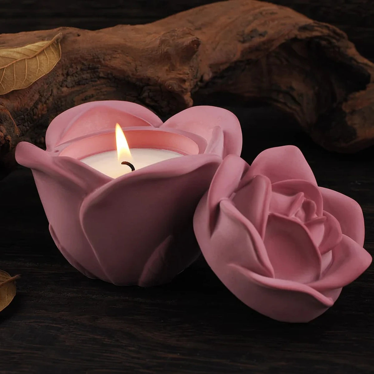 Handmade Pink Rose Concrete Candle Jar with Lid – detail view