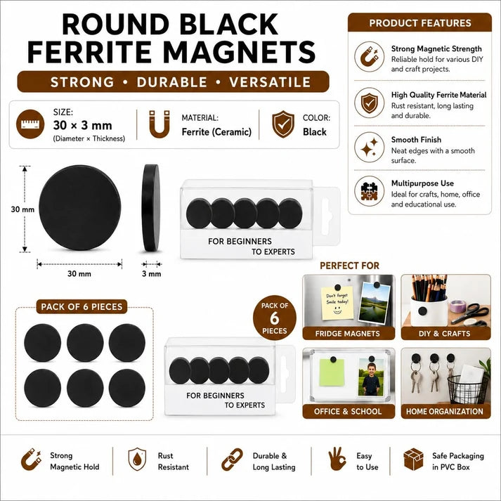 30 × 3 mm Round Black Ferrite Magnets – Pack of 12