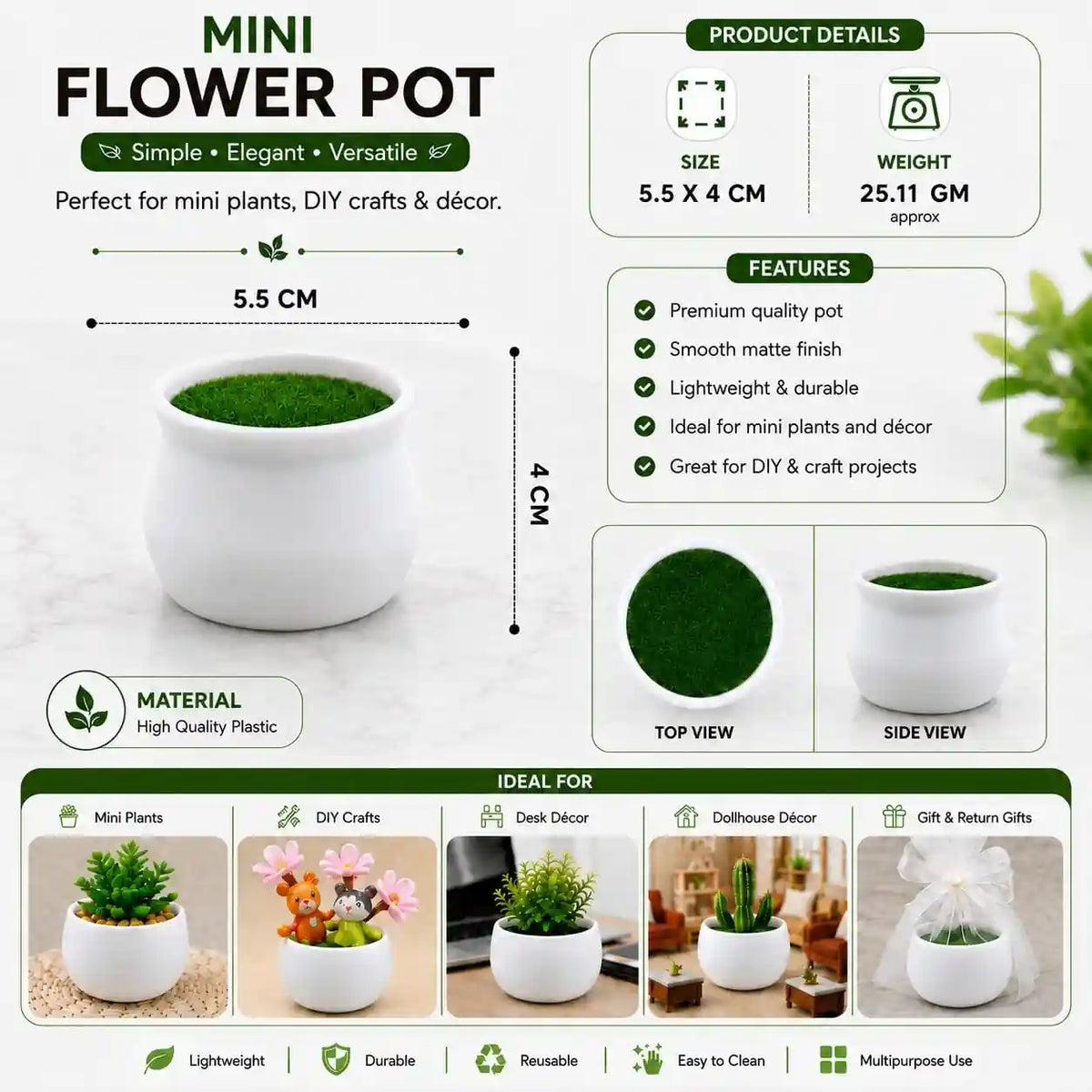 Mini White Rimmed Flower Pot with Artificial Grass – 5.5 × 4 cm