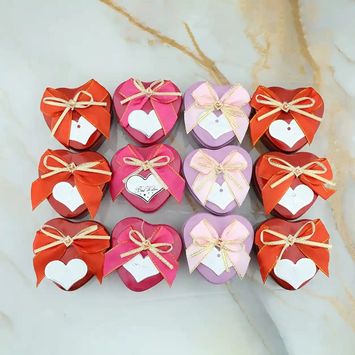 Best Wishes Heart Tin Jars with Bow & Lids – 12 Pieces - 12-piece pack