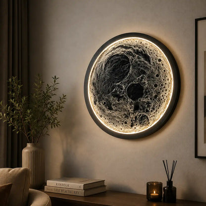 Handmade Textured Moon Wall Art with Halo Effect – styled view