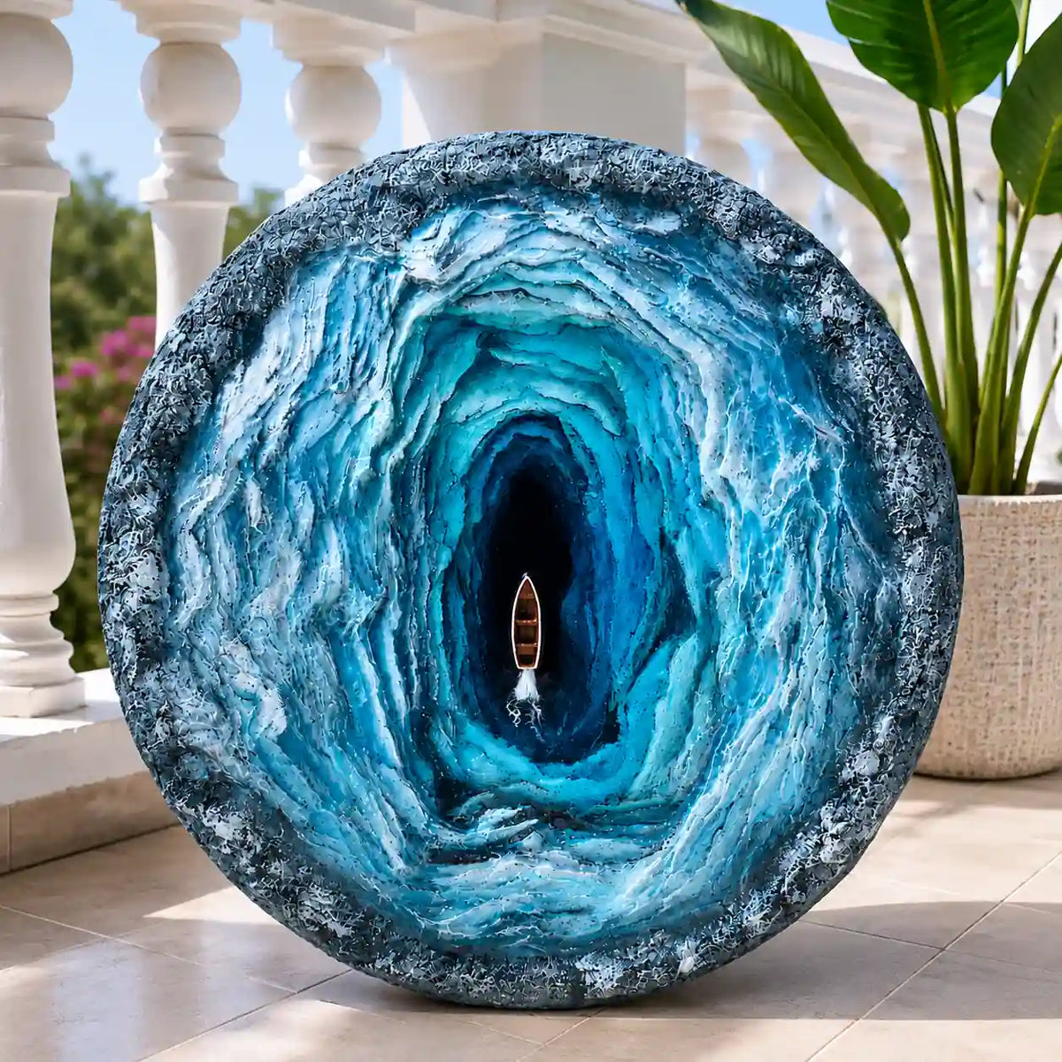 Handmade Blue Ocean Tunnel Wall Art with Boat Detail – main view