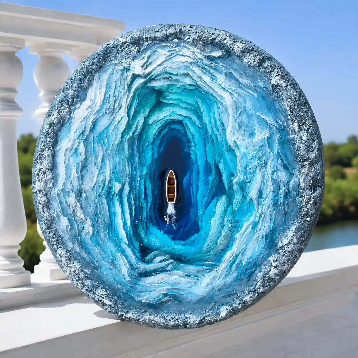 Handmade Blue Ocean Tunnel Wall Art with Boat Detail – styled view