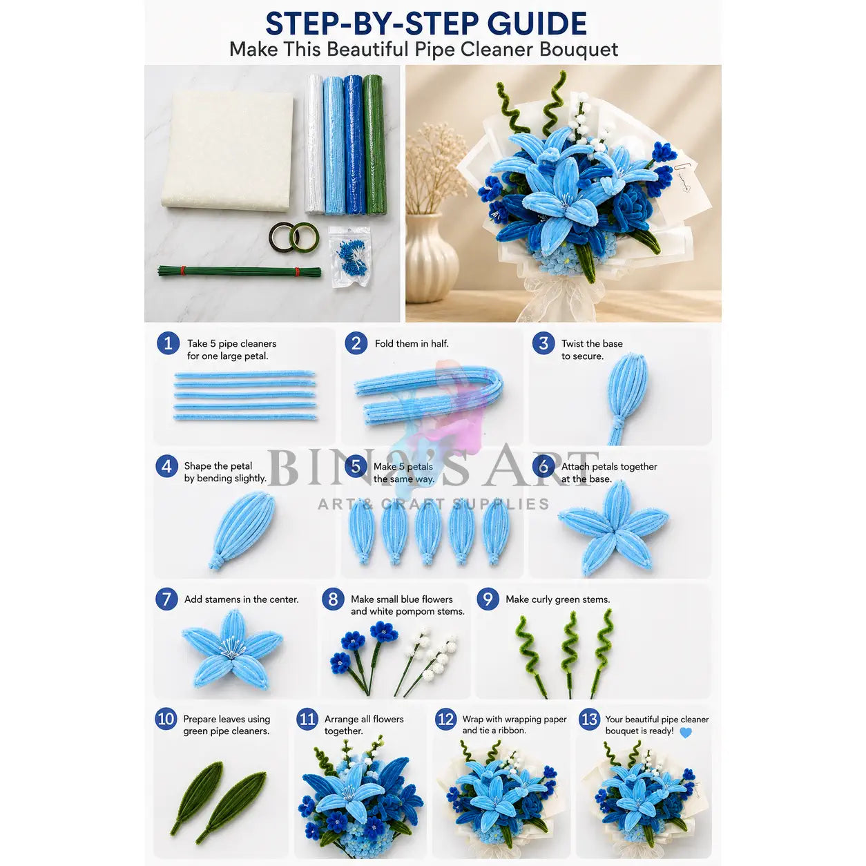 Blue Pipe Cleaner Flower Bouquet DIY Kit