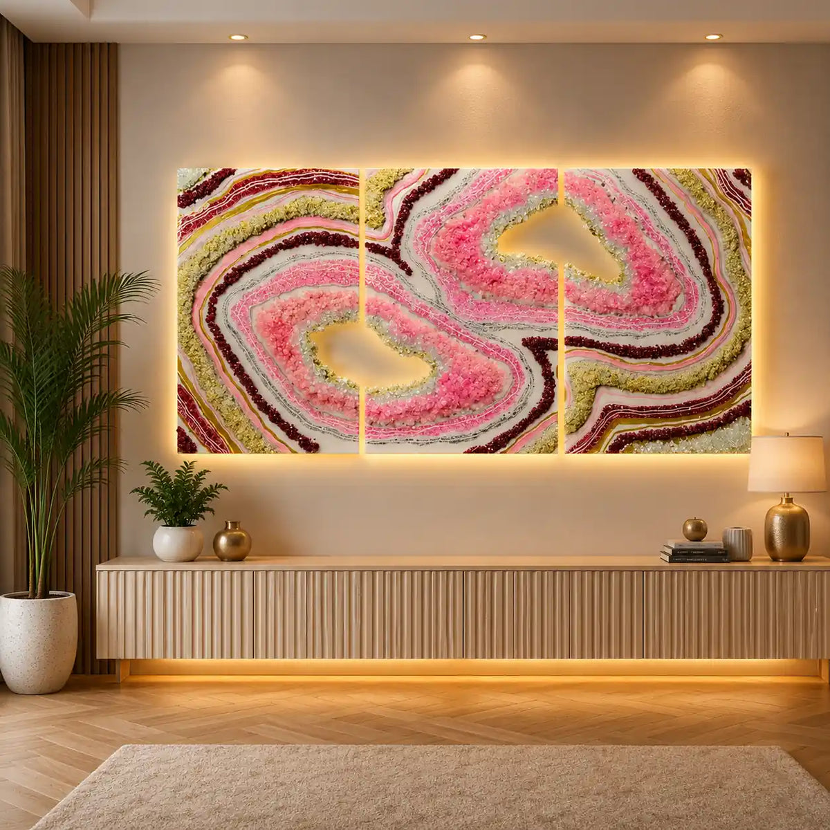 Handmade Pink and Gold Geode Wall Art – Three-Panel Set – main view