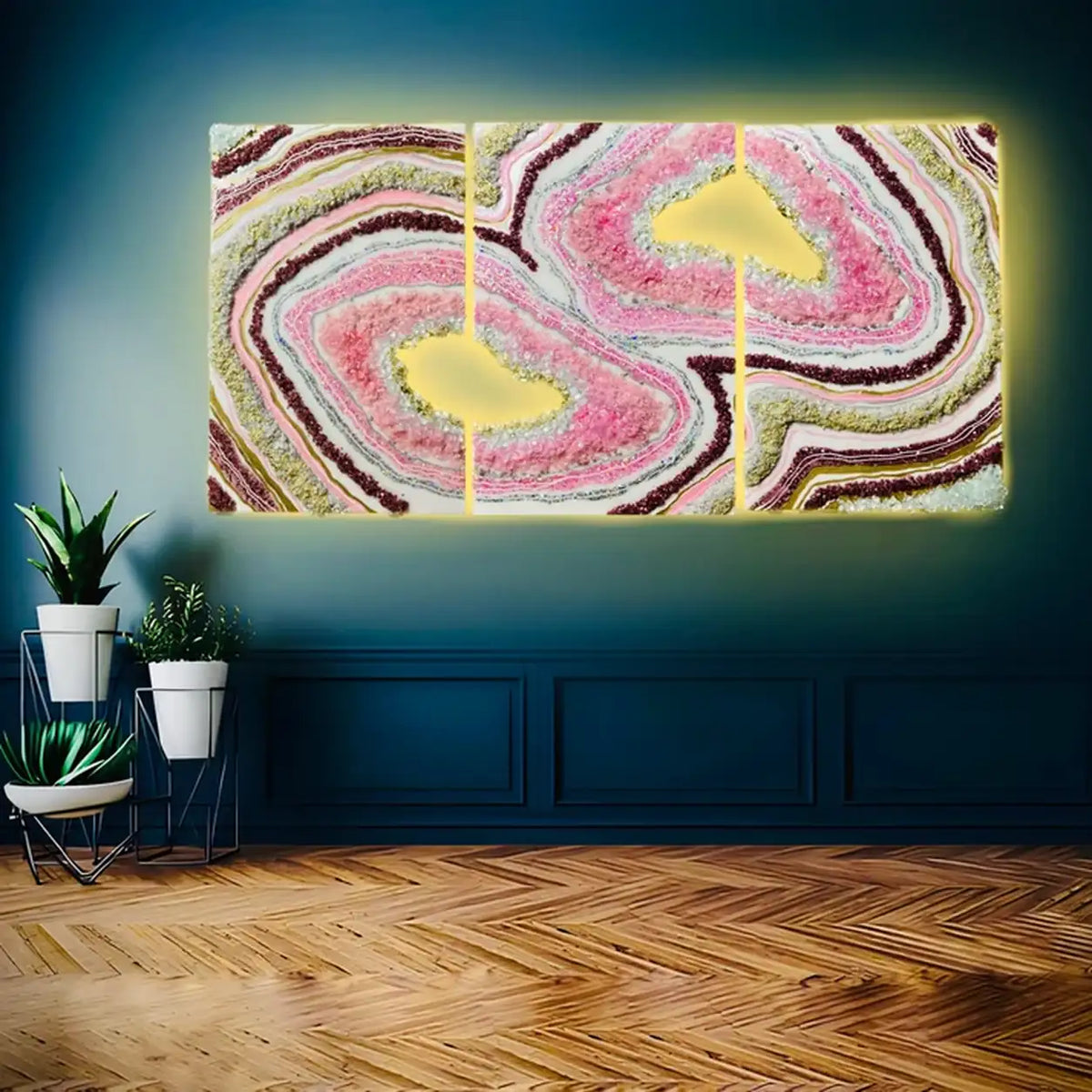 Handmade Pink and Gold Geode Wall Art – Three-Panel Set – styled view