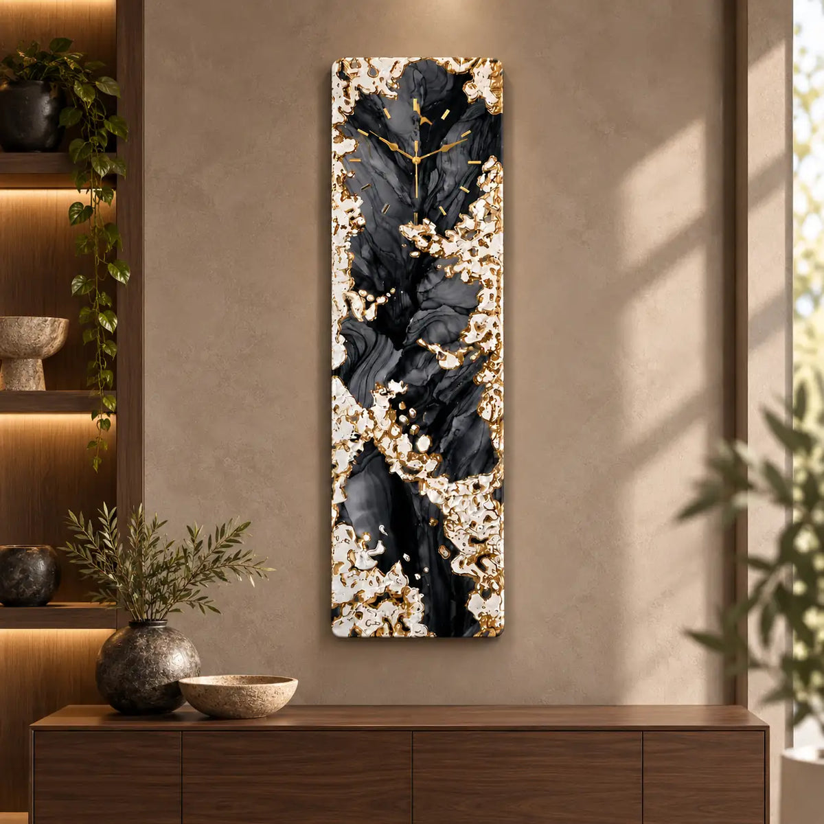 Handmade Black and Gold Vertical Resin Wall Clock – main view
