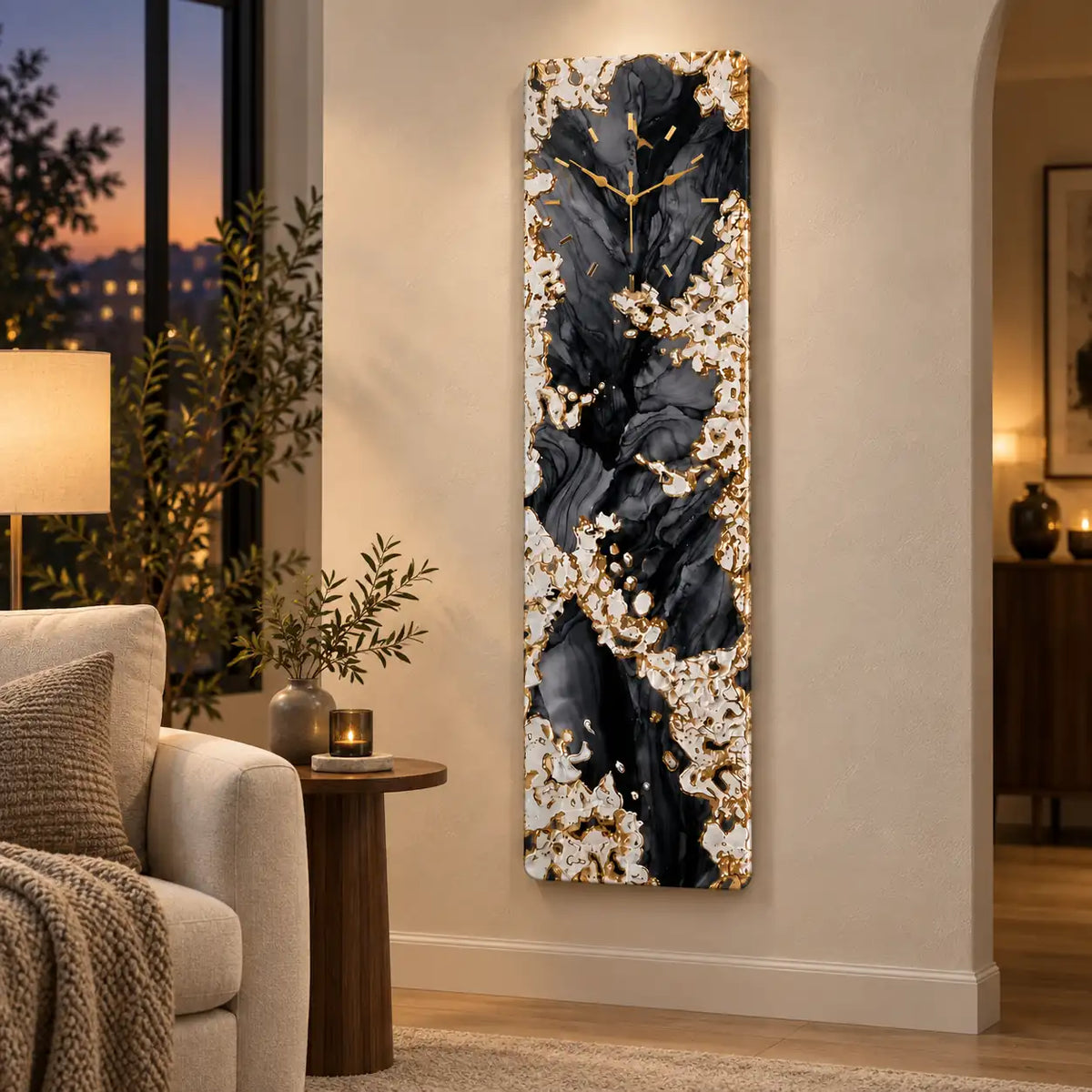 Handmade Black and Gold Vertical Resin Wall Clock – styled view