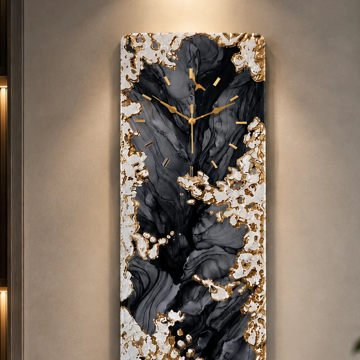 Handmade Black and Gold Vertical Resin Wall Clock – detail view