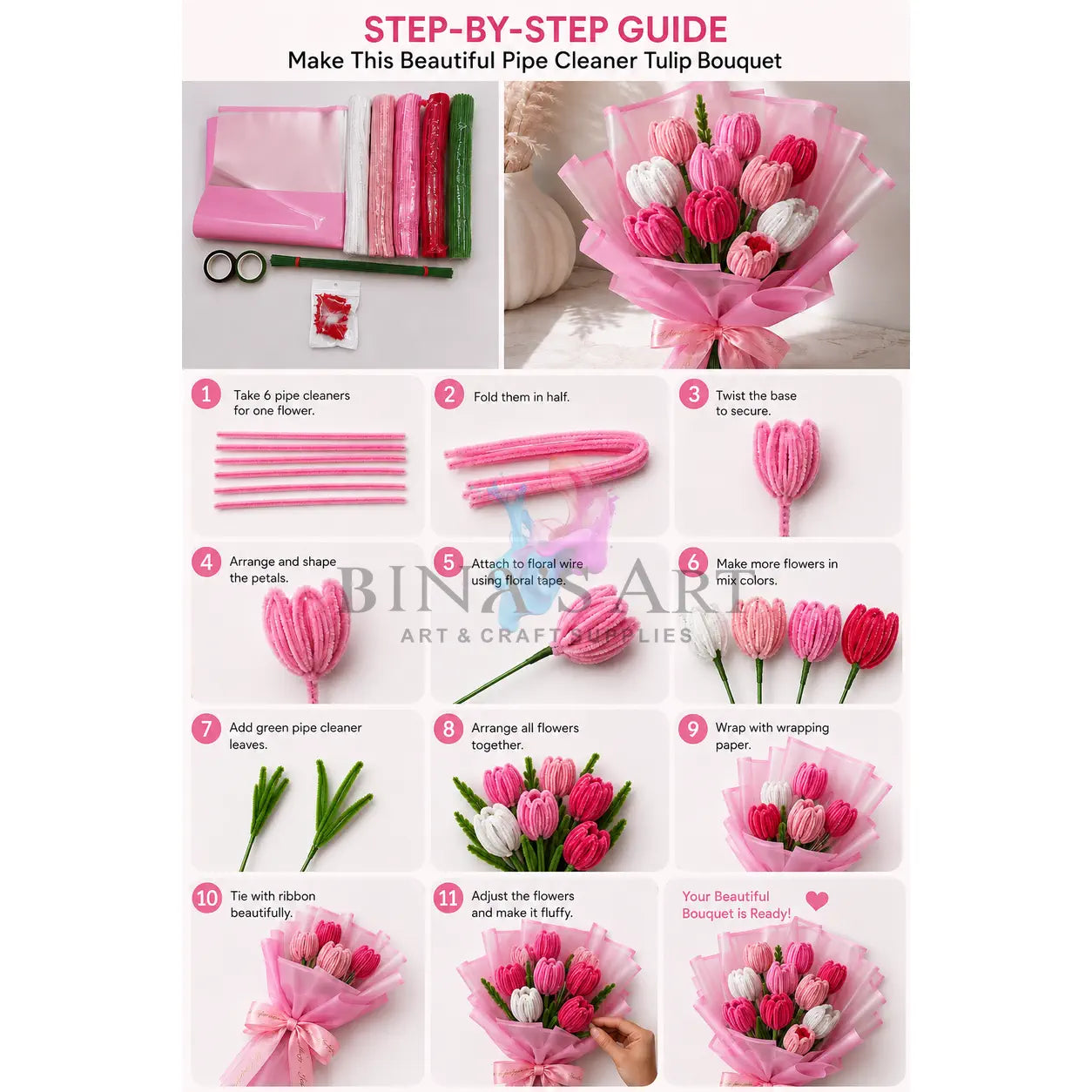 Pink Pipe Cleaner Flower Bouquet DIY Kit