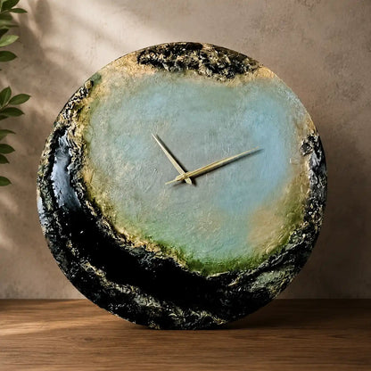Handmade Sage Green and Gold Round Resin Wall Clock – main view