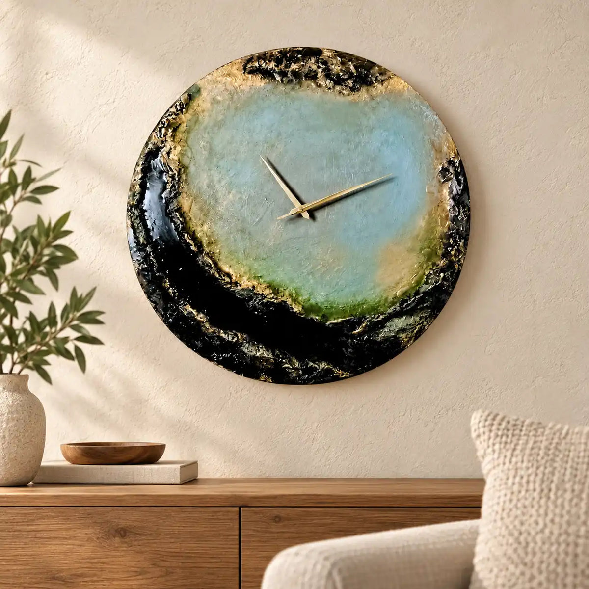 Handmade Sage Green and Gold Round Resin Wall Clock – detail view