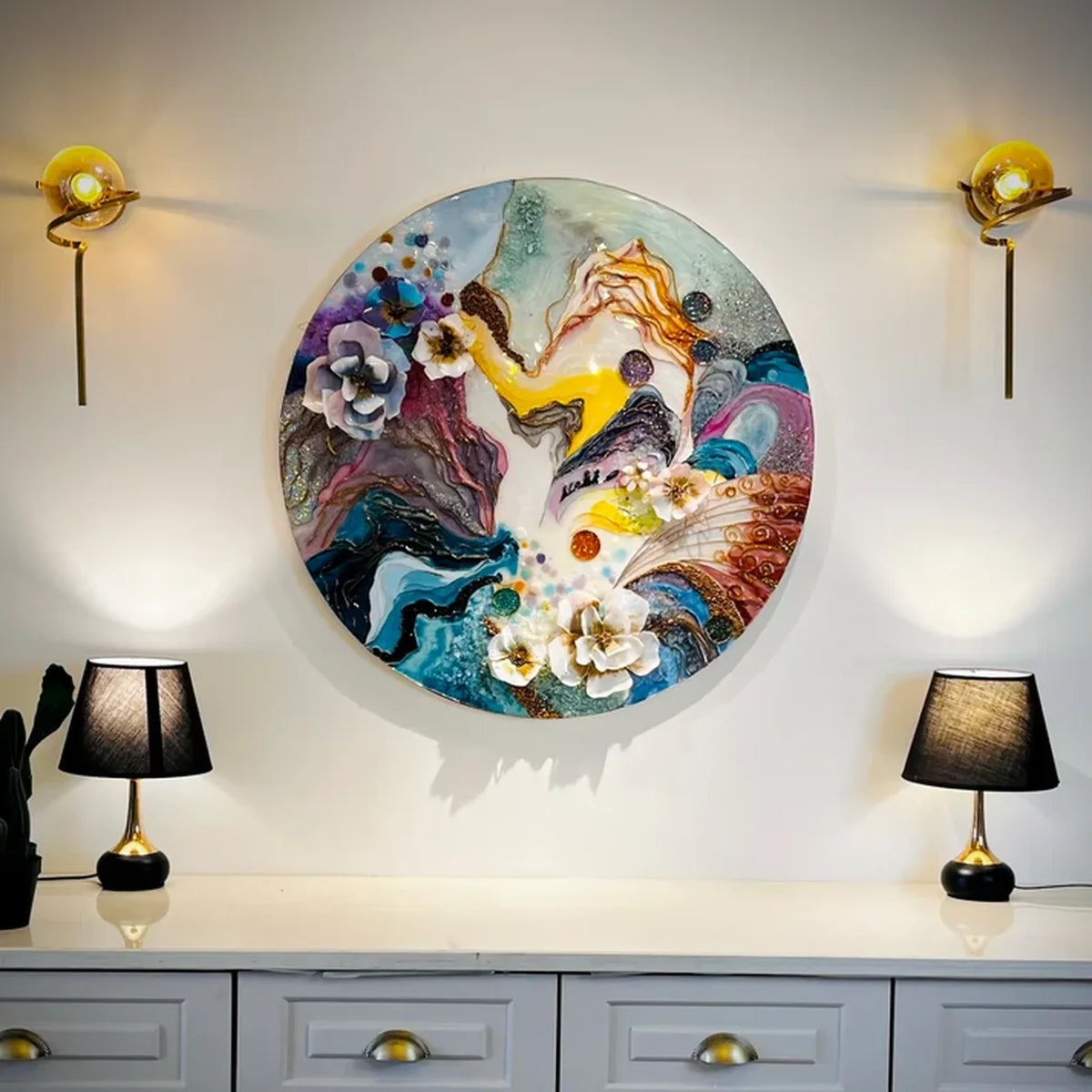 Handmade Round Abstract Floral Wall Art – Multicolour – main view