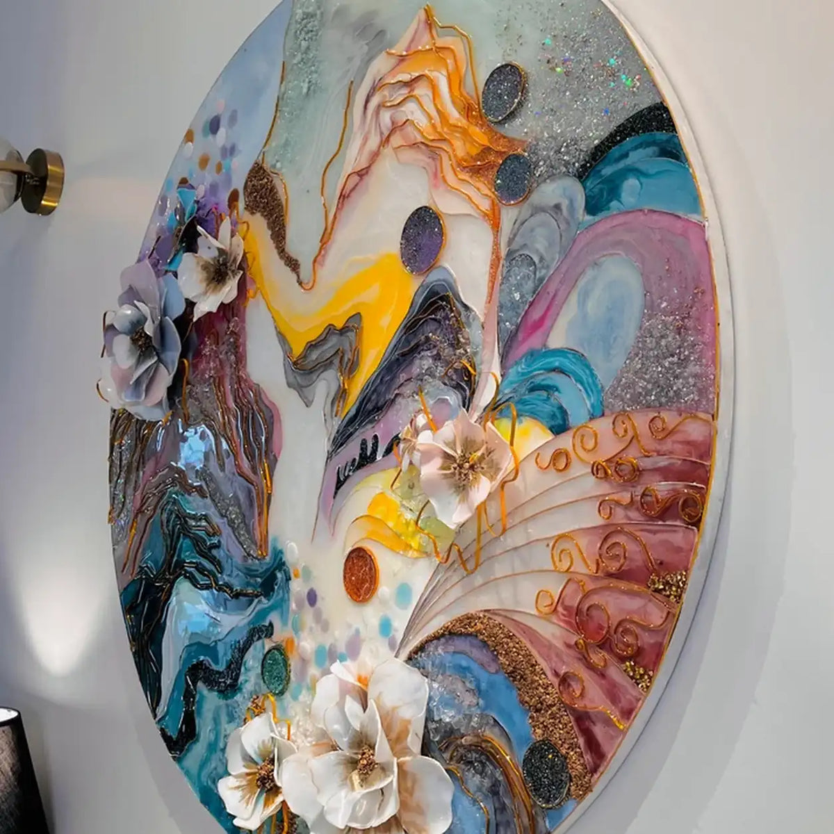Handmade Round Abstract Floral Wall Art – Multicolour – styled view