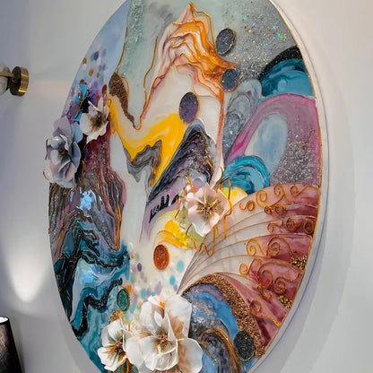 Handmade Round Abstract Floral Wall Art – Multicolour – styled view