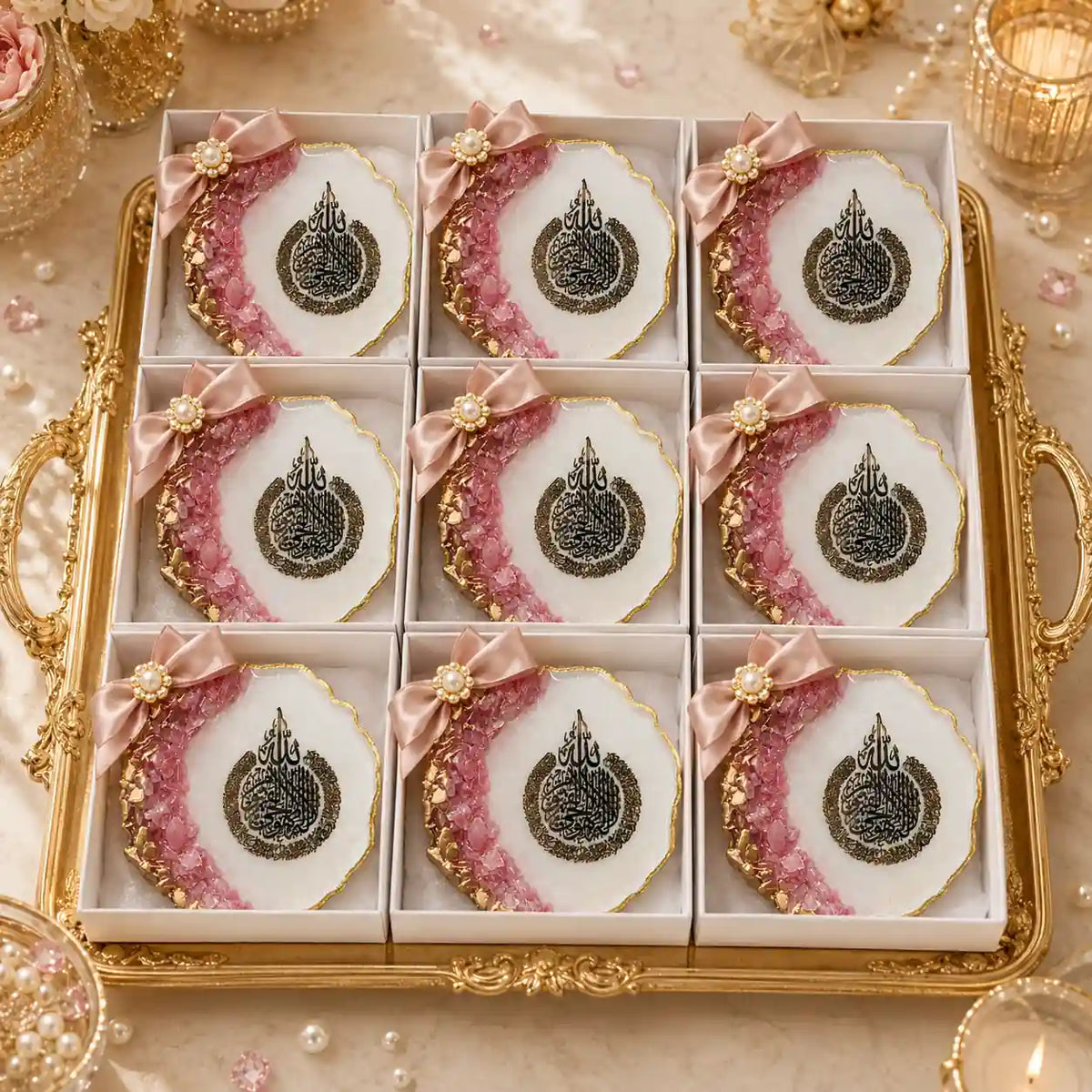 Handmade Ayatul Kursi Resin Fridge Magnet – Pink and Gold – styled view
