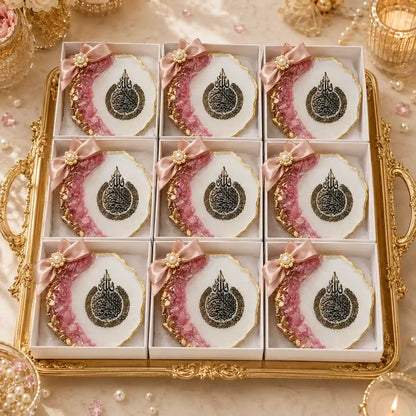 Handmade Ayatul Kursi Resin Fridge Magnet – Pink and Gold – styled view