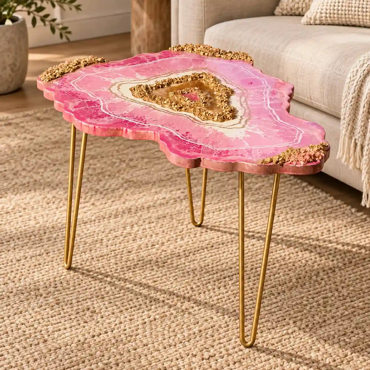 Handmade Pink and Gold Resin Geode Coffee Table – main view