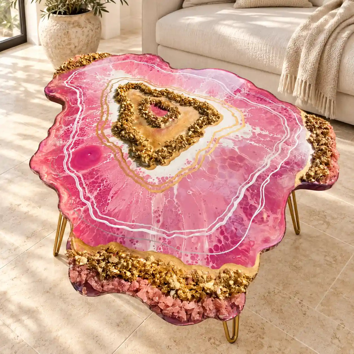 Handmade Pink and Gold Resin Geode Coffee Table – styled view