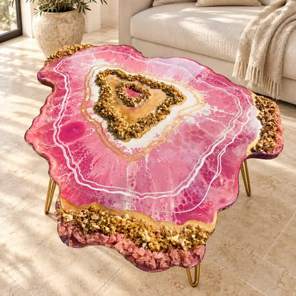 Handmade Pink and Gold Resin Geode Coffee Table – styled view