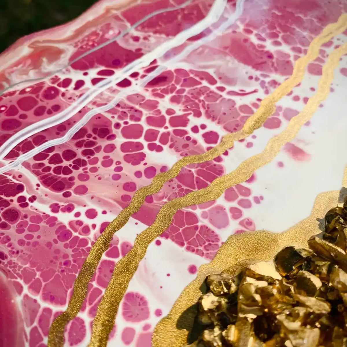Handmade Pink and Gold Resin Geode Coffee Table – detail view