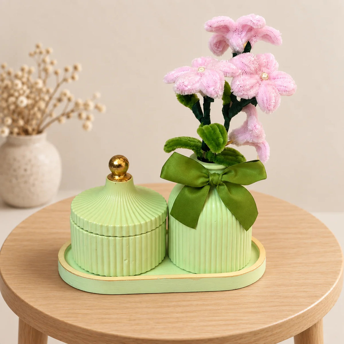 Handmade Ribbed Concrete Jar and Flower Vase Gift Set – Lime Green
