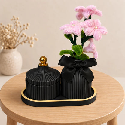 Handmade Ribbed Concrete Jar and Flower Vase Gift Set – Black and Gold