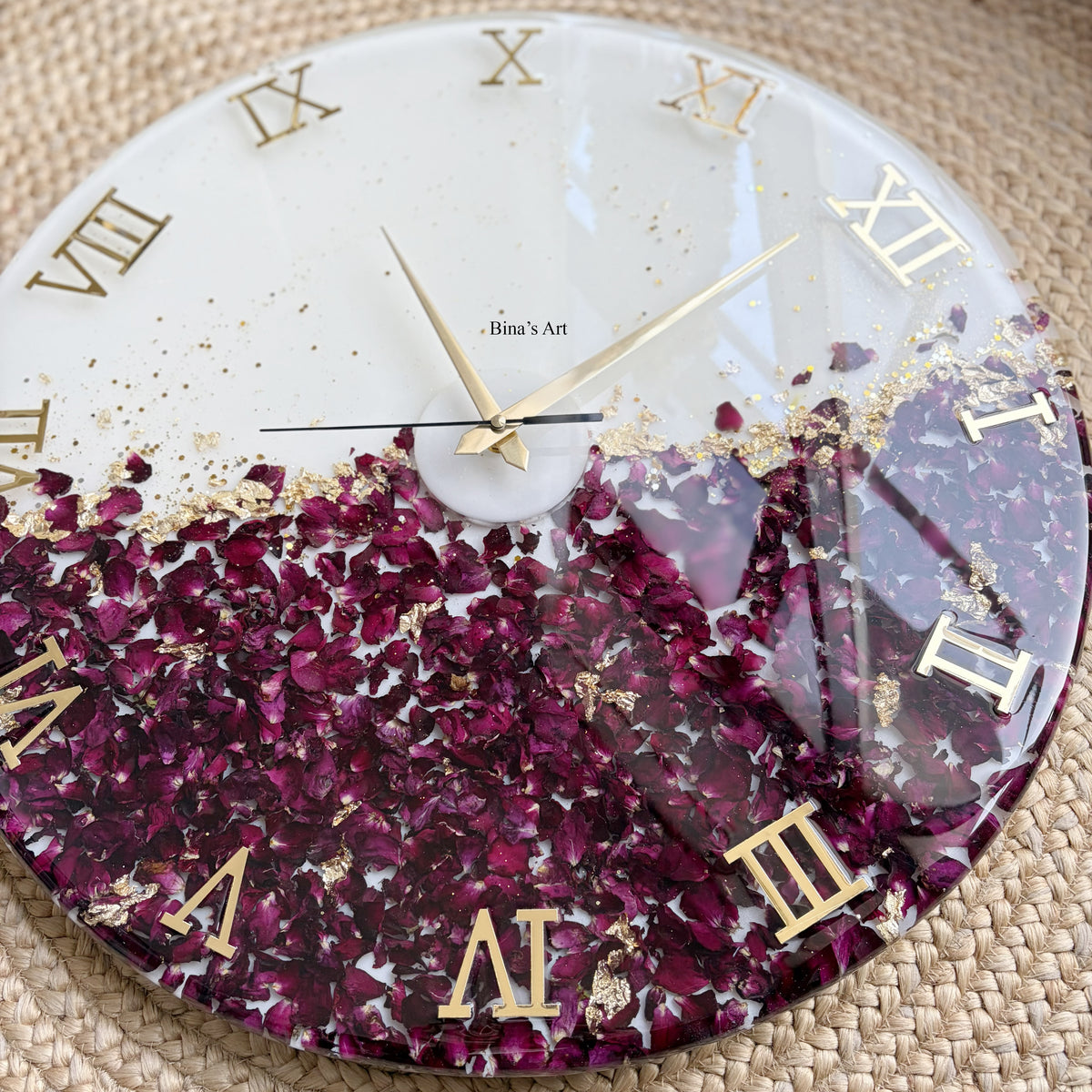 Handmade Botanical Resin Clock | Dried Rose Petals, Gold Leaf, Roman Numerals