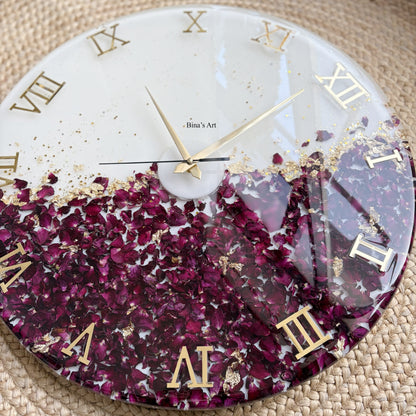 Handmade Botanical Resin Clock | Dried Rose Petals, Gold Leaf, Roman Numerals