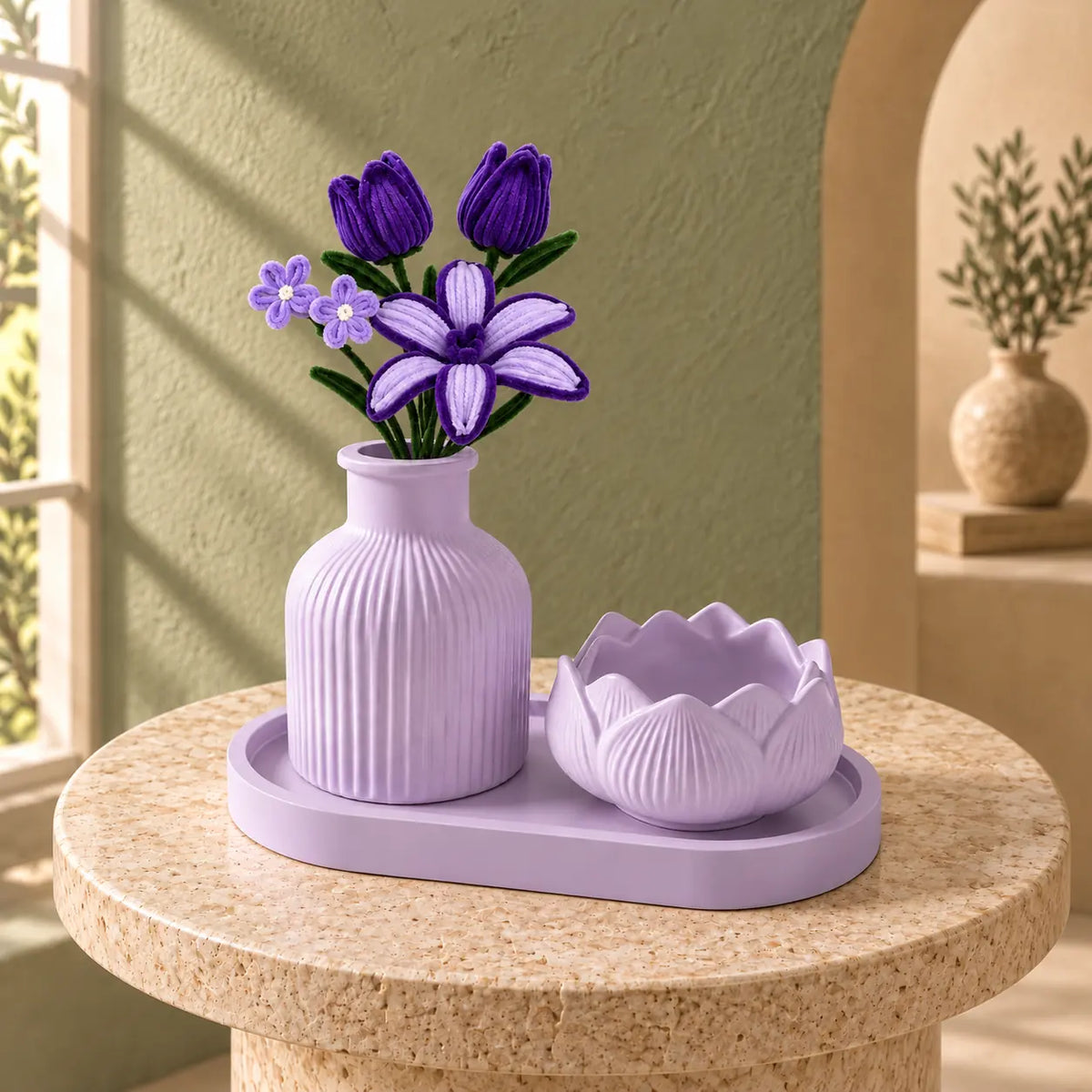 Handmade Concrete Vase and Lotus Bowl Set with Flowers – Lavender