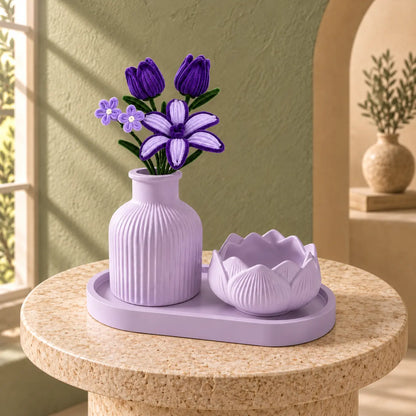 Handmade Concrete Vase and Lotus Bowl Set with Flowers – Lavender