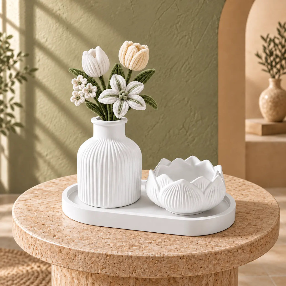 Handmade Concrete Vase and Lotus Bowl Set with Flowers – White