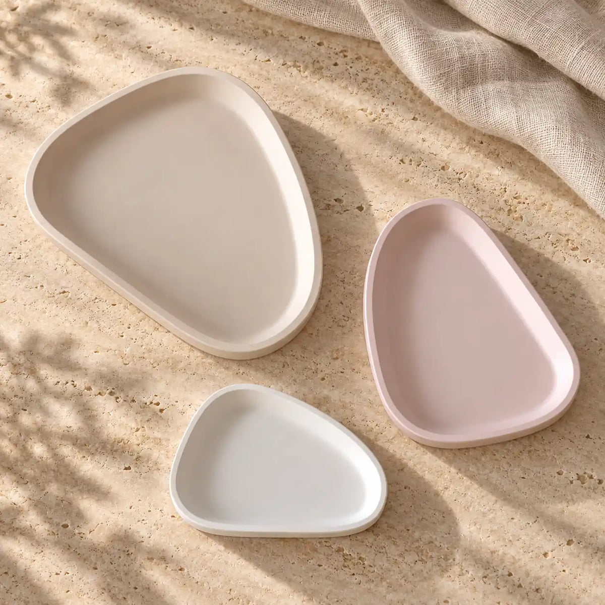Handmade Concrete Pebble Trinket Tray Set – 3 Pieces – styled view