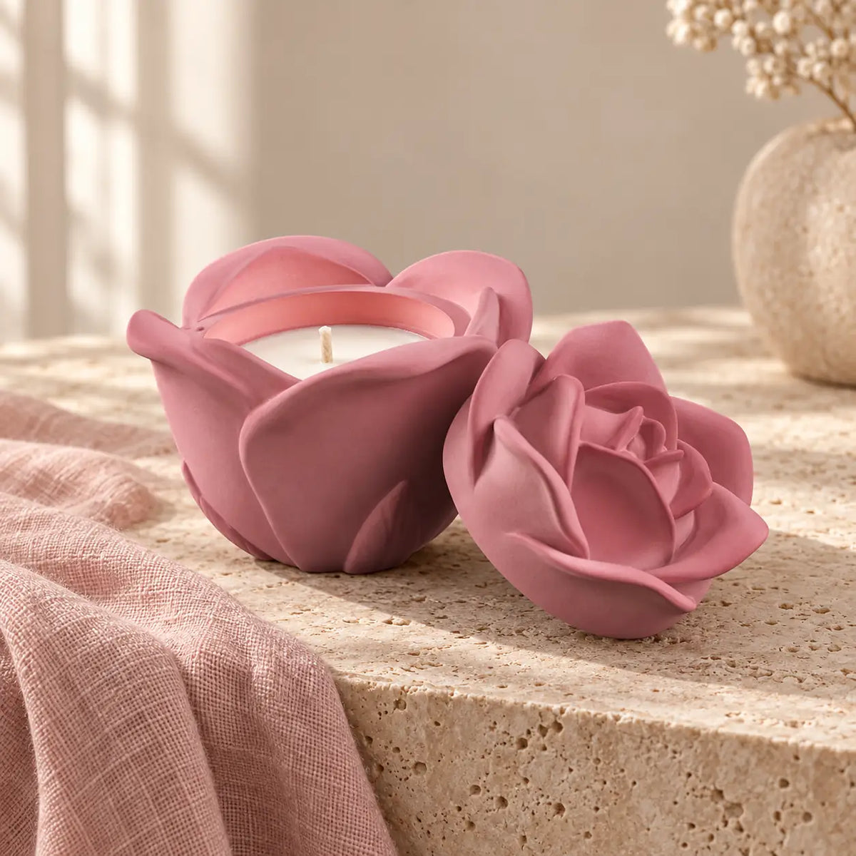 Handmade Pink Rose Concrete Candle Jar with Lid – main view