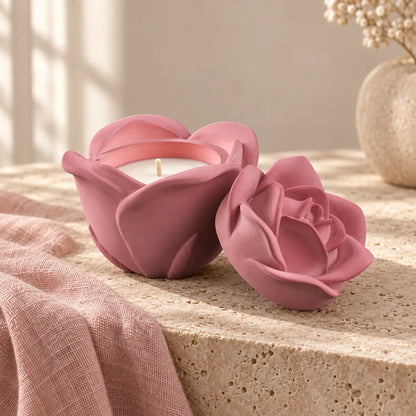Handmade Pink Rose Concrete Candle Jar with Lid – main view