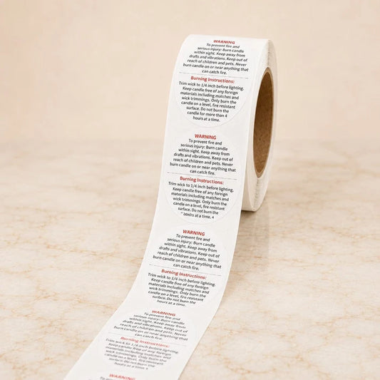 Round Candle Warning & Burning Instructions Sticker Roll – White