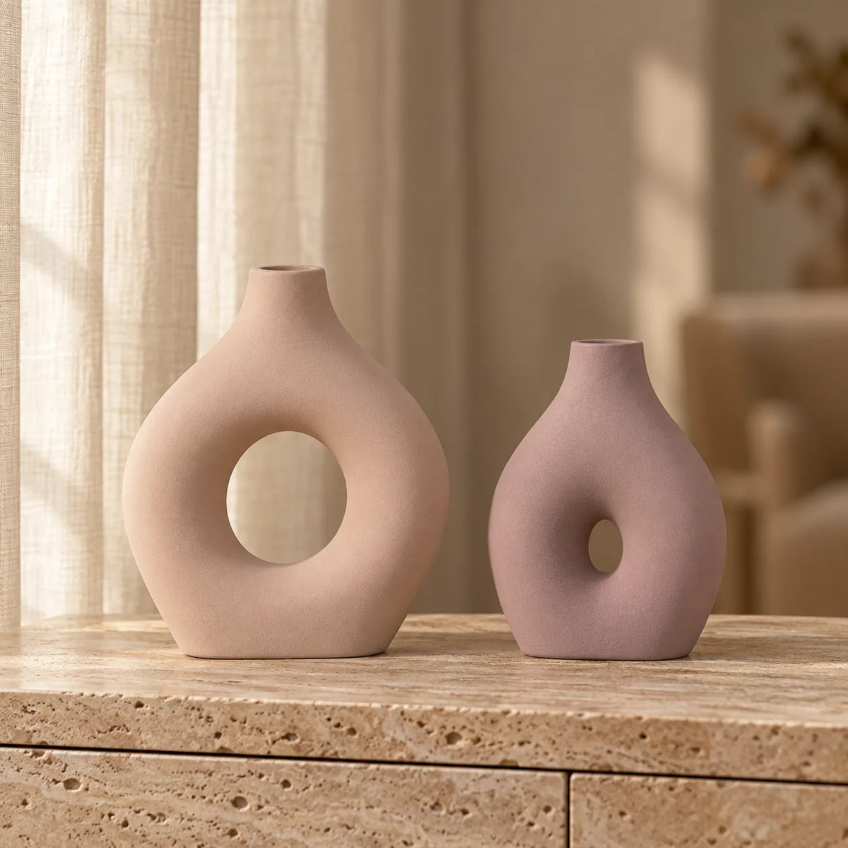 Handmade Sculptural Concrete Vase Set – Blush and Mauve – main view