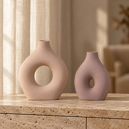 Handmade Sculptural Concrete Vase Set – Blush and Mauve – main view