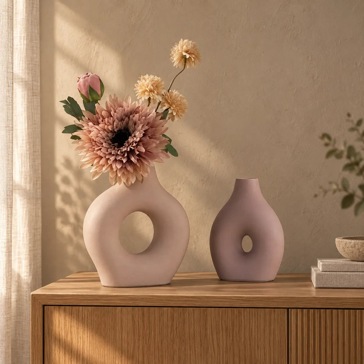 Handmade Sculptural Concrete Vase Set – Blush and Mauve – styled view
