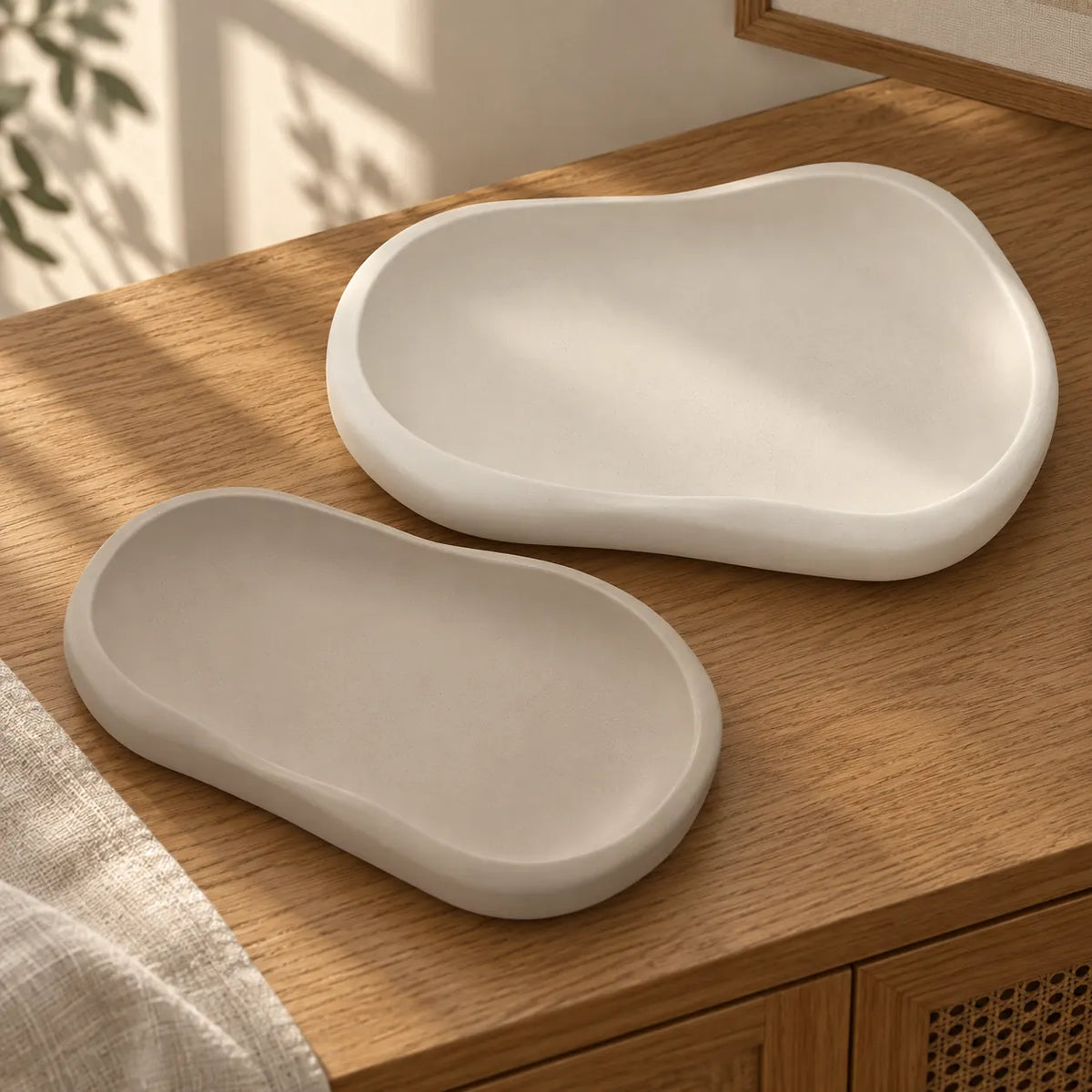 Handmade Organic Concrete Tray Set – Ivory and Taupe – styled view