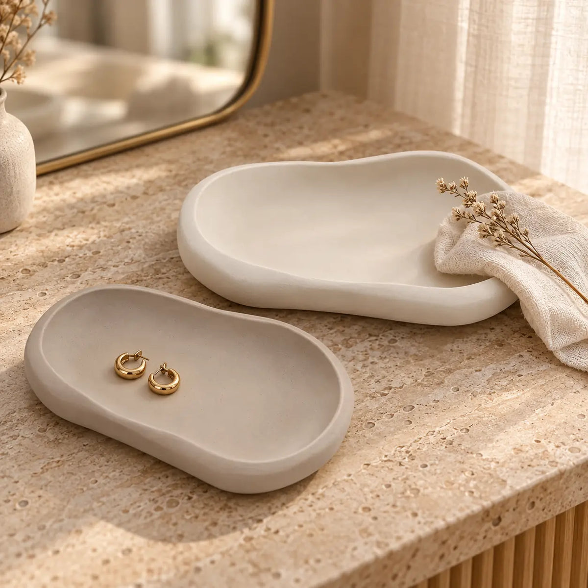 Handmade Organic Concrete Tray Set – Ivory and Taupe – detail view