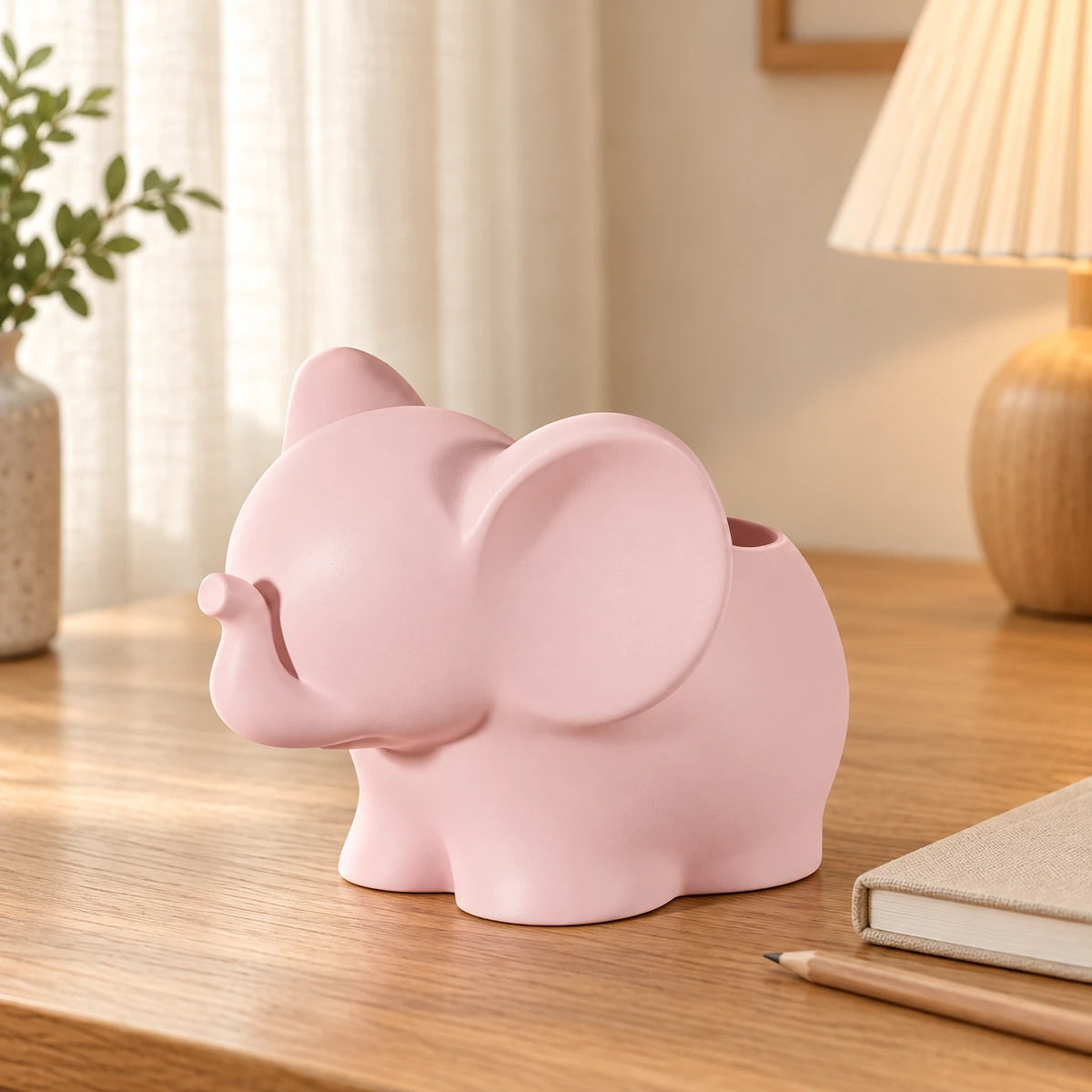 Handmade Elephant Concrete Pen Stand – Pastel Colours – Pink