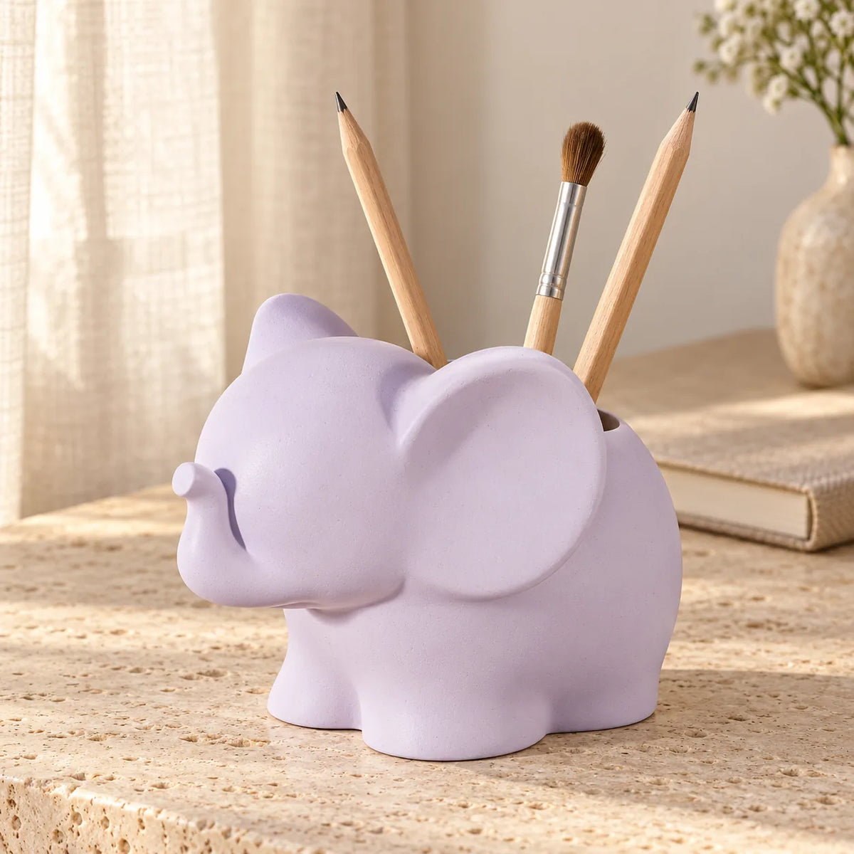 Handmade Elephant Concrete Pen Stand – Pastel Colours – Lavender
