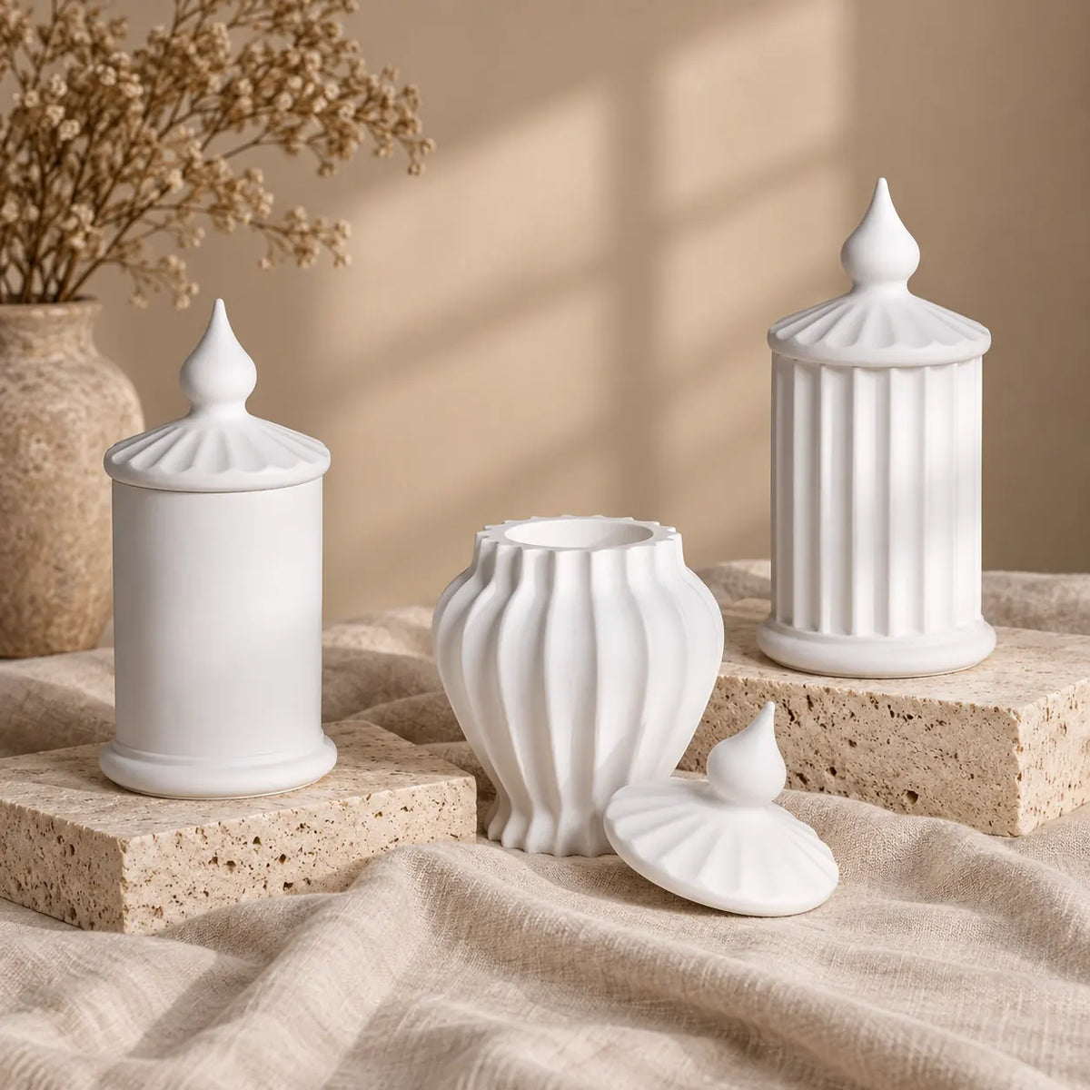 Handmade White Concrete Decorative Jar Set with Lids – main view