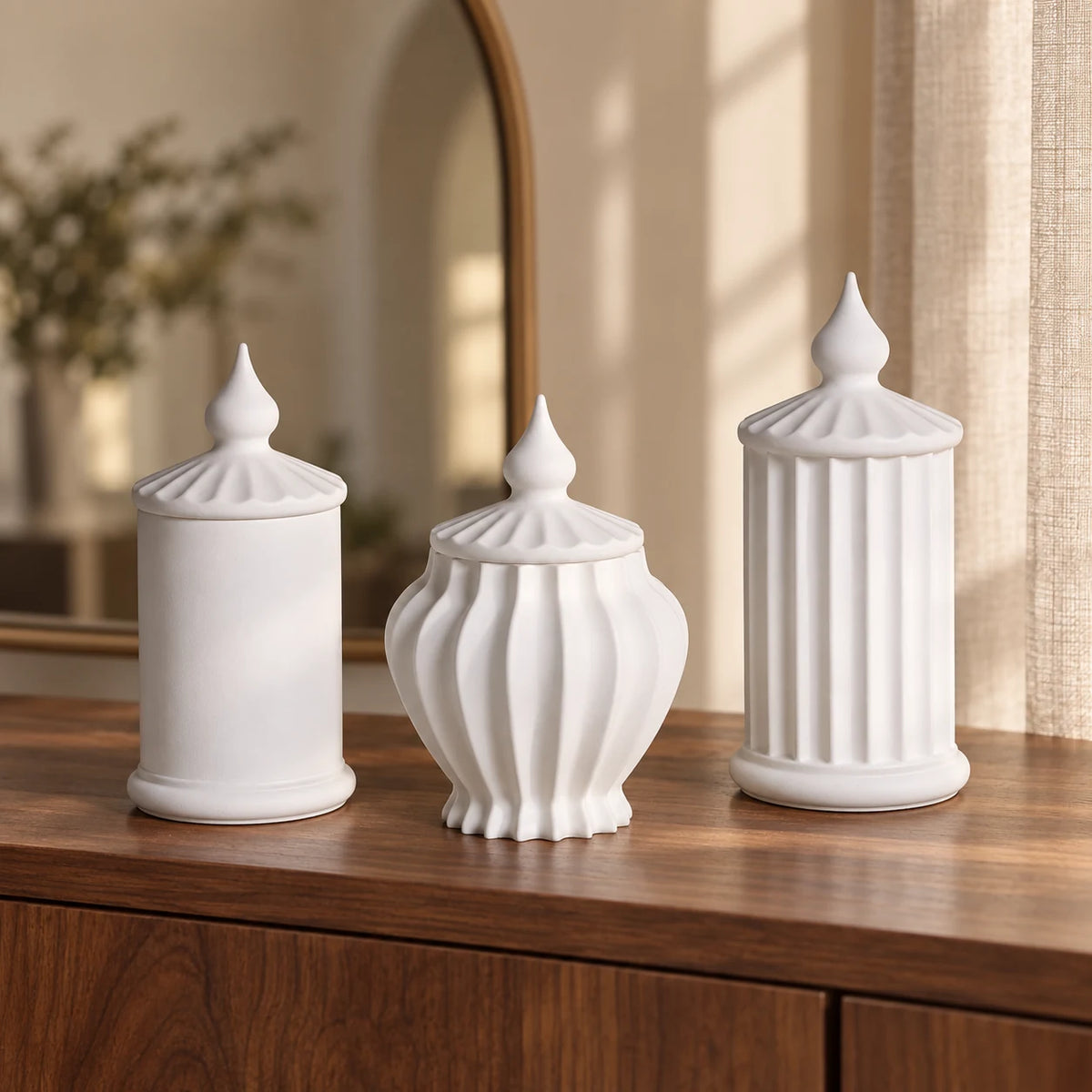 Handmade White Concrete Decorative Jar Set with Lids – styled view