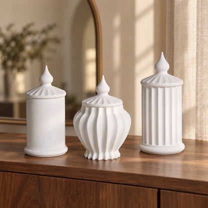 Handmade White Concrete Decorative Jar Set with Lids – styled view