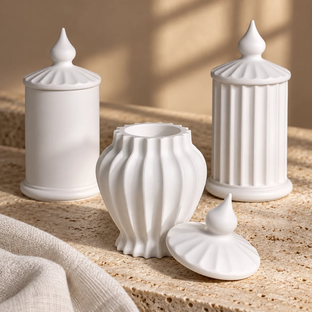 Handmade White Concrete Decorative Jar Set with Lids – detail view